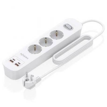 REGLETA CON INTERRUPTOR AISENS ASPS-2A2C10-W/ 3 TOMAS DE CORRIENTE/ 2 USB - 2 USB TIPO-C/ CABLE 1.4M/ BLANCO