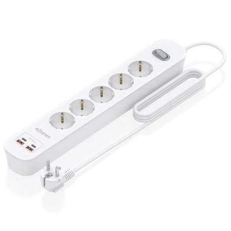 REGLETA CON INTERRUPTOR AISENS ASPS-2A2C14-W/ 5 TOMAS DE CORRIENTE/ 2 USB - 2 USB TIPO-C/ CABLE 1.4M/ BLANCO