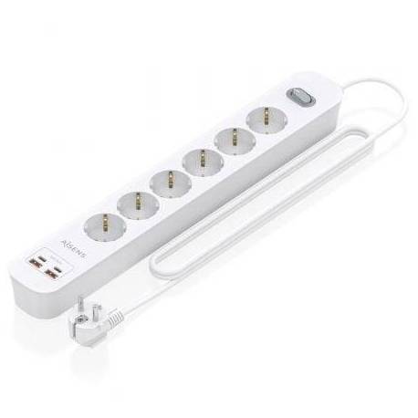 REGLETA CON INTERRUPTOR AISENS ASPS-2A2C16-W/ 6 TOMAS DE CORRIENTE/ 2 USB - 2 USB TIPO-C/ CABLE 1.4M/ BLANCO