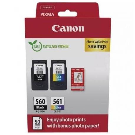 CARTUCHO DE TINTA ORIGINAL CANON PG-560 + CL-561 MULTIPACK/ NEGRO/ TRICOLOR + PAPEL FOTOGRÁFICO
