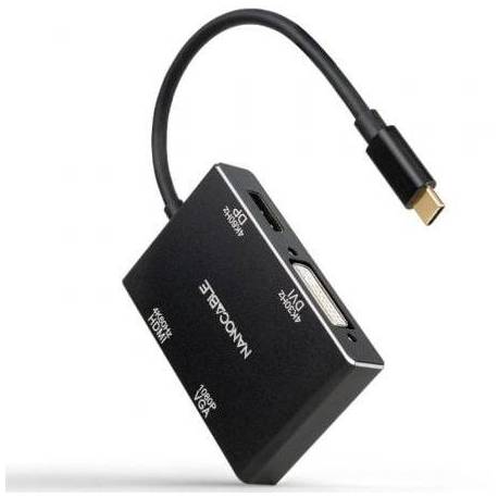 CONVERSOR NANOCABLE 10.16.4307/ USB TIPO-C MACHO - VGA HEMBRA/ DVI HEMBRA/ HDMI HEMBRA/ DISPLAYPORT HEMBRA/ 10CM/ NEGRO