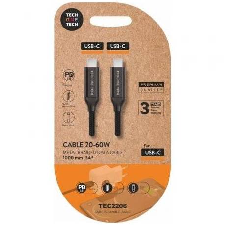 CABLE USB 2.0 TIPO-C TECH ONE TECH TEC2206/ USB TIPO-C MACHO - USB TIPO-C MACHO/ HASTA 60W/ 480MBPS/ 1M/ NEGRO