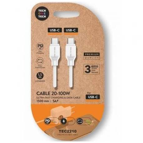 CABLE USB 2.0 TIPO-C TECH ONE TECH TEC2210/ USB TIPO-C MACHO - USB TIPO-C MACHO/ HASTA 100W/ 480MBPS/ 1.5M/ BLANCO