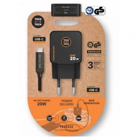 CARGADOR DE PARED GAN TECH ONE TECH TEC2223/ 1XUSB TIPO-C + CABLE USB TIPO-C/ 20W/ NEGRO