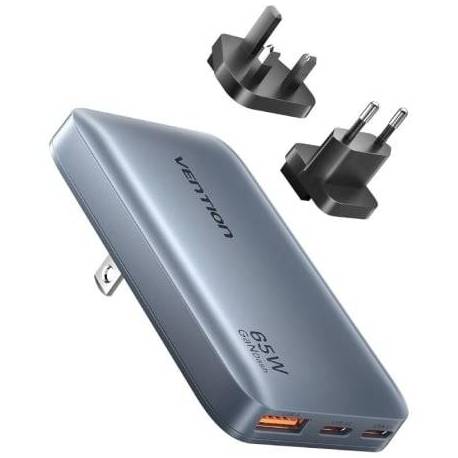 CARGADOR DE PARED UNIVERSAL GAN PARA VIAJE VENTION FCBH0/ 2XUSB TIPO-C/ 1X USB/ 65W