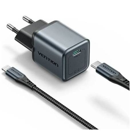 CARGADOR DE PARED GAN VENTION TZ-FEVH0-EU/ 1XUSB TIPO-C + CABLE LIGHTNING/ 20W