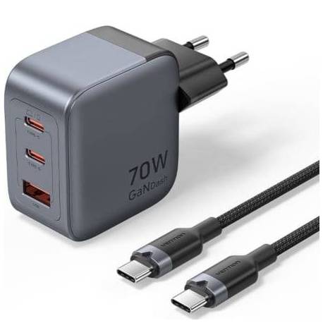 CARGADOR DE PARED GAN VENTION TZ-FEXH0-EU/ 2XUSB TIPO-C/ 1XUSB + CABLE USB TIPO-C/ 70W