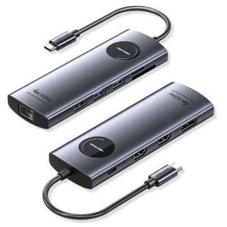 DOCKING USB TIPO-C VENTION TQWHB/ 2XHDMI 4K/ 1XDISPLAYPORT/ 3XUSB/ 1XUSB TIPO-C PD/ 1XRJ45/ 1XLECTOR TARJETAS/ GRIS