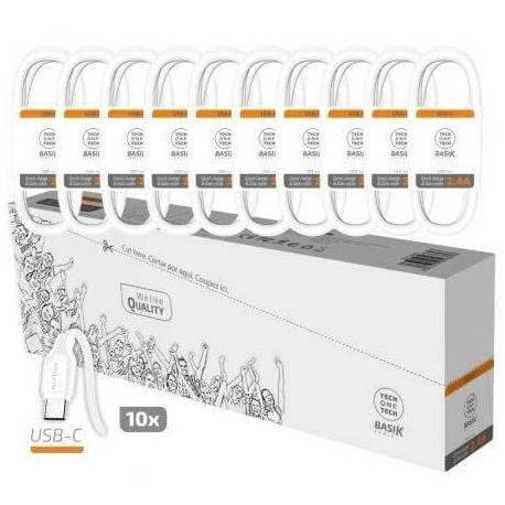 PACK 10 CABLES USB 2.0 TECH ONE TECH BASIK TEC2953/ USB MACHO - USB TIPO-C MACHO/ 1M/ BLANCO