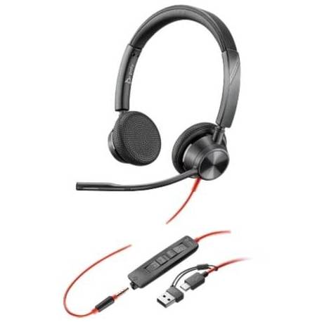 AURICULARES POLY BLACKWIRE 3325 + ADAPTADOR USB-C/A/ CON MICRÓFONO/ JACK 3.5MM/ NEGRO
