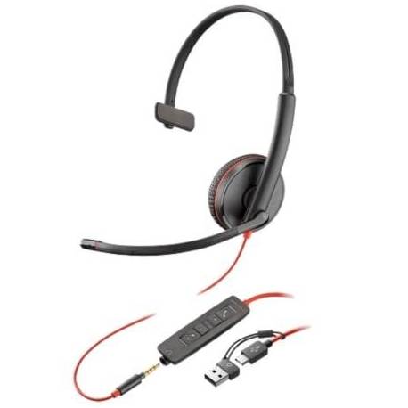 AURICULAR POLY BLACKWIRE 3215 + ADAPTADOR USB-C/A/ CON MICRÓFONO/ JACK 3.5MM/ NEGRO
