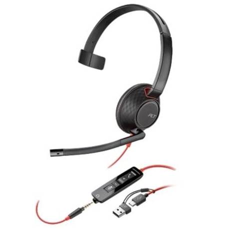 AURICULAR POLY BLACKWIRE 5210 + ADAPTADOR USB-C/A/ CON MICRÓFONO/ JACK 3.5MM/ NEGRO
