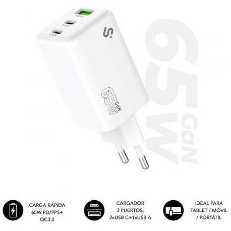 CARGADOR DE PARED GAN SUBBLIM 65W CHARGER USB C+C+A/ 2XUSB TIPO-C/ 1XUSB/ 65W