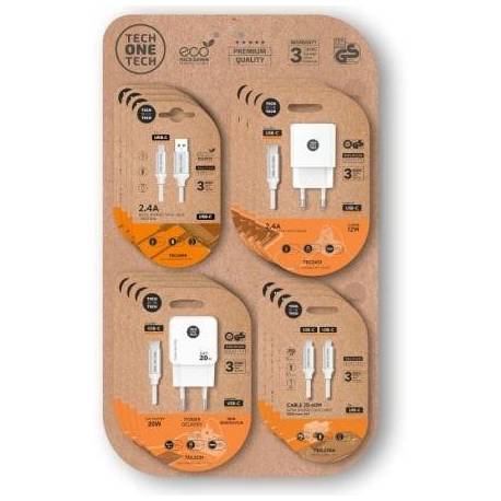 EXPOSITOR DE CARGADORES GAN Y CABLES TECH ONE TECH EKO 400801/ 4 GANCHOS/ INCLUYE 16 PRODUCTOS
