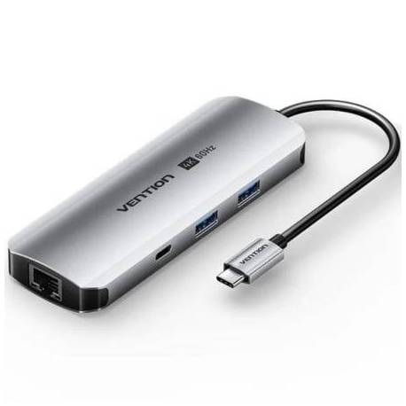DOCKING USB TIPO-C VENTION TQMHB/ 1XHDMI 4K/ 2XUSB/ 1XUSB TIPO-C/ 1XJACK 3.5MM / 1XRJ45/ 1XUSB TIPO-C PD/ 1XLECTOR TARJETAS/