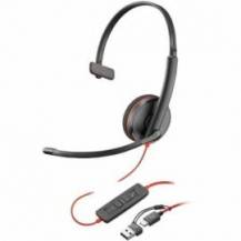 AURICULAR POLY BLACKWIRE 3210 + ADAPTADOR USB-C/A/ CON MICRÓFONO/ USB TIPO-C/ NEGRO