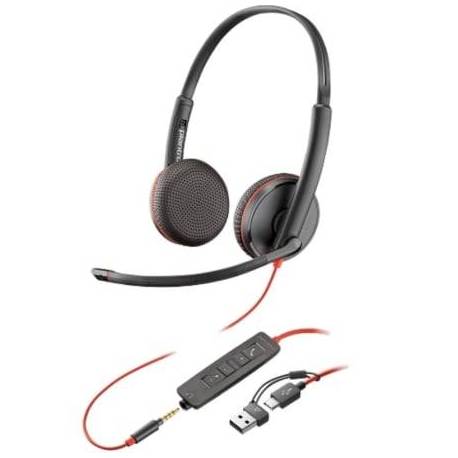 AURICULARES POLY BLACKWIRE 3225 + ADAPTADOR USB-C/A/ CON MICRÓFONO/ JACK 3.5MM/ NEGRO