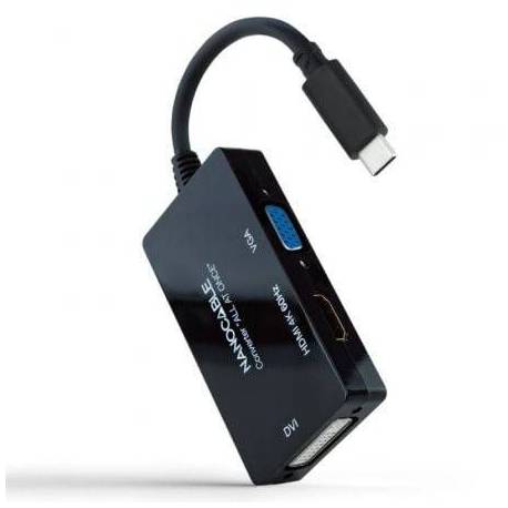 CONVERSOR NANOCABLE 10.16.4301-ALL/ USB TIPO-C MACHO - HDMI HEMBRA - DVI-I HEMBRA - VGA HEMBRA/ 20CM/ NEGRO
