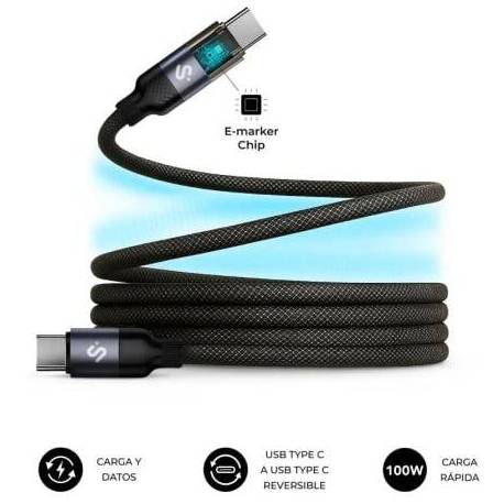 CABLE USB 2.0 TIPO-C SUBBLIM POWERMAG LED/ USB TIPO-C MACHO - USB TIPO-C MACHO/ HASTA 100W/ 480MBPS/ 2M/ NEGRO