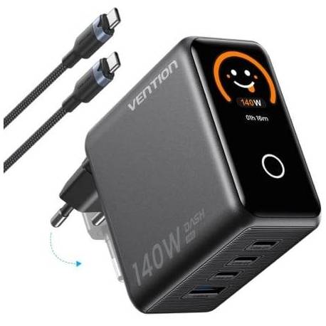 CARGADOR DE PARED GAN VENTION TZ-FCOH0-EU/ 3XUSB TIPO-C + CABLE USB TIPO-C/ 1XUSB/ 140W