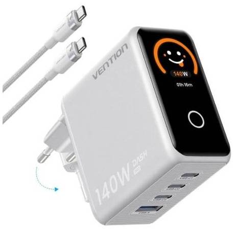 CARGADOR DE PARED GAN VENTION TZ-FCOI0-EU/ 3XUSB TIPO-C + CABLE USB TIPO-C/ 1XUSB/ 140W