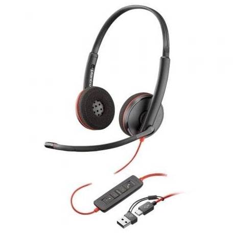AURICULARES POLY BLACKWIRE 3220 + ADAPTADOR USB-C/A/ CON MICRÓFONO/ USB TIPO-C/ BULK/ NEGROS