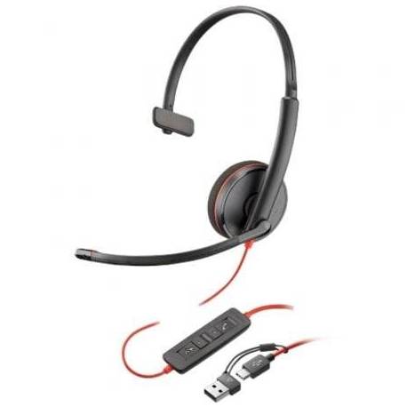 AURICULAR POLY BLACKWIRE 3210 + ADAPTADOR USB-C/A/ CON MICRÓFONO/ USB TIPO-C/ BULK/ NEGRO