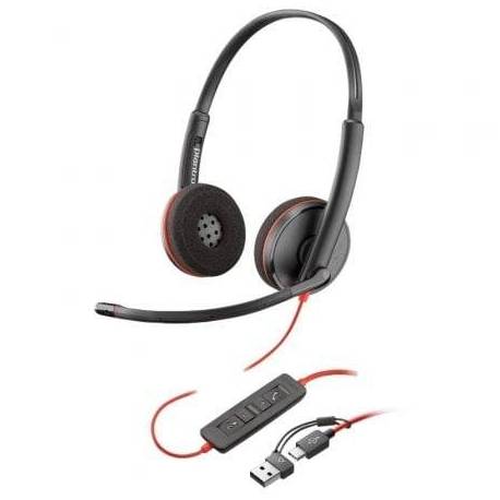 AURICULARES POLY BLACKWIRE 3220 + ADAPTADOR USB-C/A/ CON MICRÓFONO/ BULK/ NEGROS