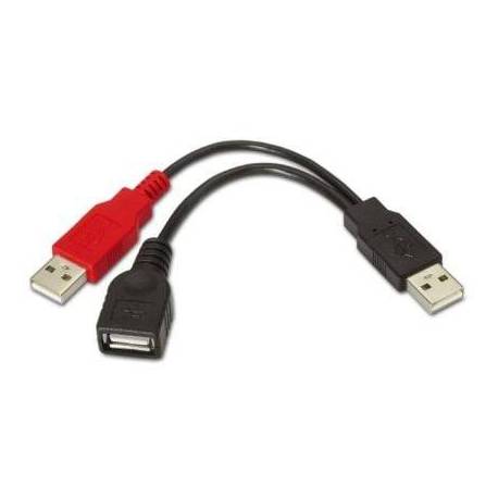 CABLE USB 2.0 + ALIMENTACIÓN AISENS A101-0030/ USB HEMBRA + USB MACHO - USB MACHO/ HASTA 2.5W/ 60MBPS/ 15CM/ NEGRO/ ROJO
