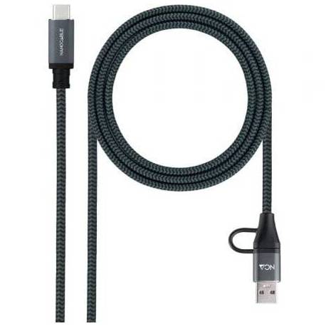 CABLE USB 3.2 TIPO-C NANOCABLE 10.01.4111-COMB/ USB TIPO-C MACHO + USB MACHO - USB TIPO-C MACHO/ HASTA 100W/ 20GBPS/ 1M/ GRIS Y