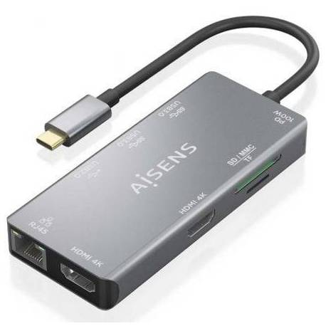 DOCKING USB TIPO-C AISENS ASUC-9P018-GR/ 2XHDMI 4K/ 3XUSB/ 1XRJ45/ 1XLECTOR TARJETAS/ 1XUSB TIPO-C PD/ GRIS
