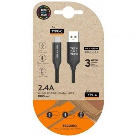 CABLE USB 2.0 TIPO-C TECH ONE TECH TEC2003/ USB TIPO-C MACHO - USB MACHO/ 480MBPS/ 1M/ NEGRO