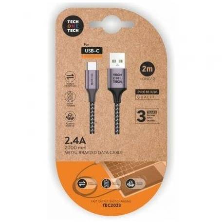 CABLE USB 2.0 TIPO-C TECH ONE TECH TEC2023/ USB TIPO-C MACHO - USB MACHO/ 2M/ GRIS