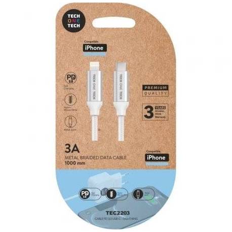 CABLE USB TIPO-C LIGHTNING TECH ONE TECH TEC2203/ LIGHTNING MACHO - USB TIPO-C MACHO/ HASTA 20W/ 480MBPS/ 1M/ BLANCO