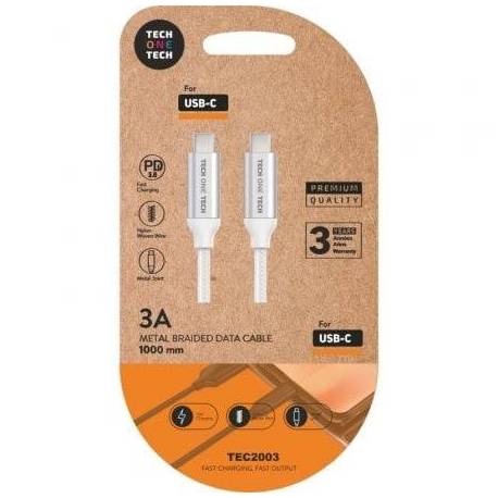 CABLE USB 2.0 TIPO-C TECH ONE TECH TEC2204/ USB TIPO-C MACHO - USB TIPO-C MACHO/ HASTA 20W/ 480MBPS/ 1M/ BLANCO
