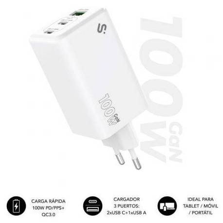 CARGADOR DE PARED GAN SUBBLIM 100W CHARGER USB C+C+A/ 2XUSB TIPO-C/ 1XUSB/ 100W