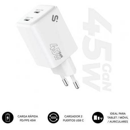 CARGADOR DE PARED GAN SUBBLIM 45W CHARGER USB C+C/ 2XUSB TIPO-C/ 45W