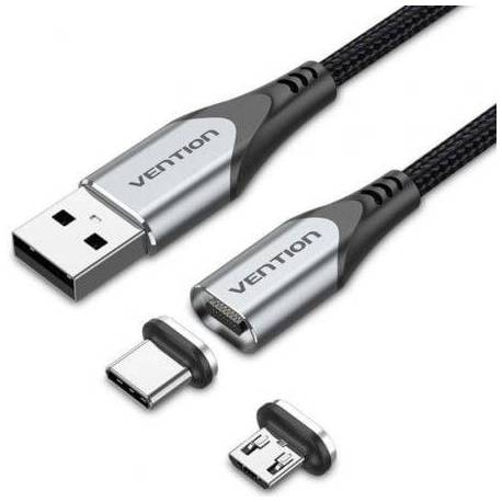 CABLE DE CARGA MAGNÉTICO USB TIPO-C CON ADAPTADOR MICROUSB VENTION CQMHD/ MICROUSB MACHO - USB TIPO-C MACHO/ USB MACHO/ HASTA