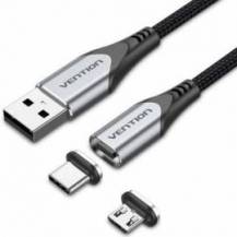 CABLE DE CARGA MAGNÉTICO USB TIPO-C CON ADAPTADOR MICROUSB VENTION CQMHD/ MICROUSB MACHO - USB TIPO-C MACHO/ USB MACHO/ HASTA