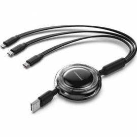 CABLE USB RETRÁCTIL VENTION TRJBBE/ USB MACHO - LIGHTNING/ 2XUSB TIPO-C/ HASTA 17.5W/ 10GBPS/ 1.1M/ NEGRO