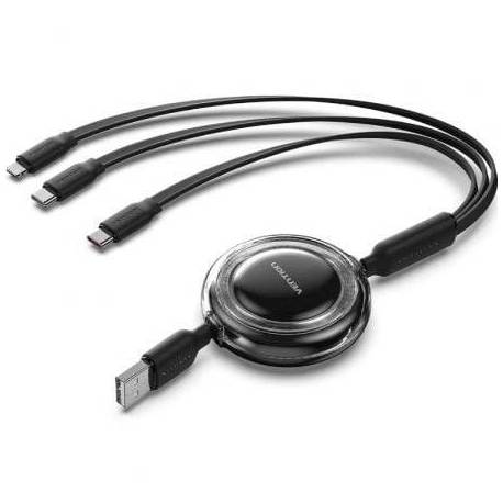 CABLE USB RETRÁCTIL VENTION TRJBBE/ USB MACHO - LIGHTNING/ 2XUSB TIPO-C/ HASTA 17.5W/ 10GBPS/ 1.1M/ NEGRO