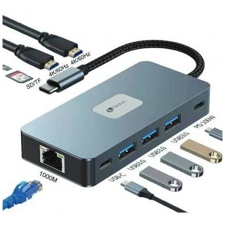 DOCKING USB TIPO-C LEOTEC LEDS02/ 3XUSB/ 1XUSB TIPO-C/ 1XUSB TIPO-C PD/ 2XHDMI 4K/ 1XRJ45/ 1XLECTOR TARJETAS SD Y MICROSD/ GRIS