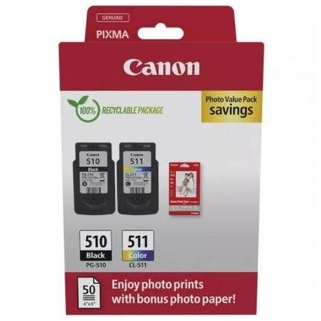 CARTUCHO DE TINTA ORIGINAL CANON PG-510 + CL-511 MULTIPACK/ NEGRO/ TRICOLOR + PAPEL FOTOGRÁFICO