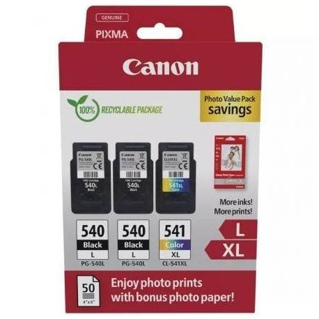CARTUCHO DE TINTA ORIGINAL CANON PG-540L + CL-541 XL MULTIPACK ALTA CAPACIDAD/ 2X NEGRO/ TRICOLOR + PAPEL FOTOGRÁFICO