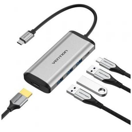 DOCKING USB TIPO-C VENTION CNBHB/ 1XHDMI 4K/ 3XUSB/ 1XUSB TIPO-C PD/ GRIS