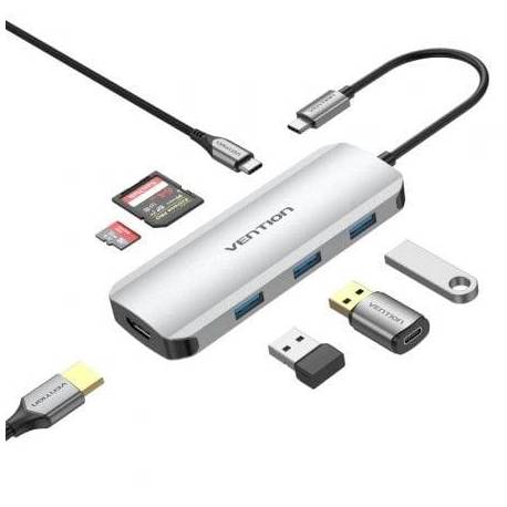 DOCKING USB TIPO-C VENTION TOJHB/ 1XHDMI 4K/ 3XUSB/ 1XUSB TIPO-C/ 1XLECTOR TARJETAS/ GRIS