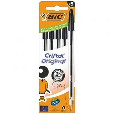 CAJA DE BOLÍGRAFOS DE TINTA DE ACEITE BIC CRISTAL ORIGINAL 516345/ 5 UNIDADES/ NEGROS