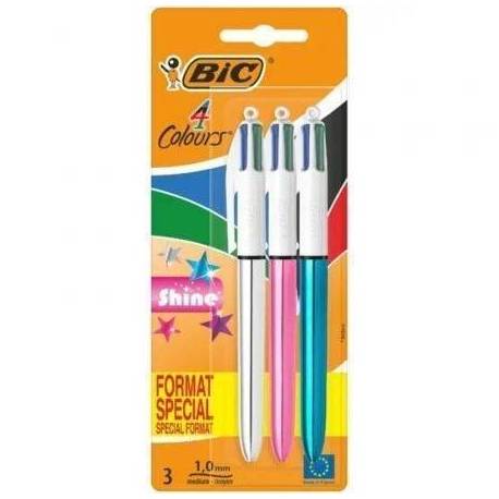 BOLÍGRAFOS DE TINTA DE ACEITE RETRÁCTIL BIC 4 COLORS SHINE 9122751/ 3 UNIDADES/ 4 COLORES DE TINTA/ CUERPO COLOR BRILLANTE