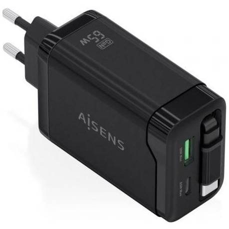 CARGADOR DE PARED GAN AISENS ASCH-65W3P071-BK/ 1XUSB TIPO-C/ 1XUSB/ 65W/ NEGRO