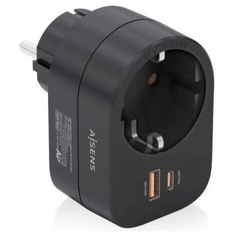 ENCHUFE AISENS ASPS-1A1C07-BK/ 1 TOMA DE CORRIENTE/ 1 USB TIPO-C PD/ 1 USB/ NEGRO
